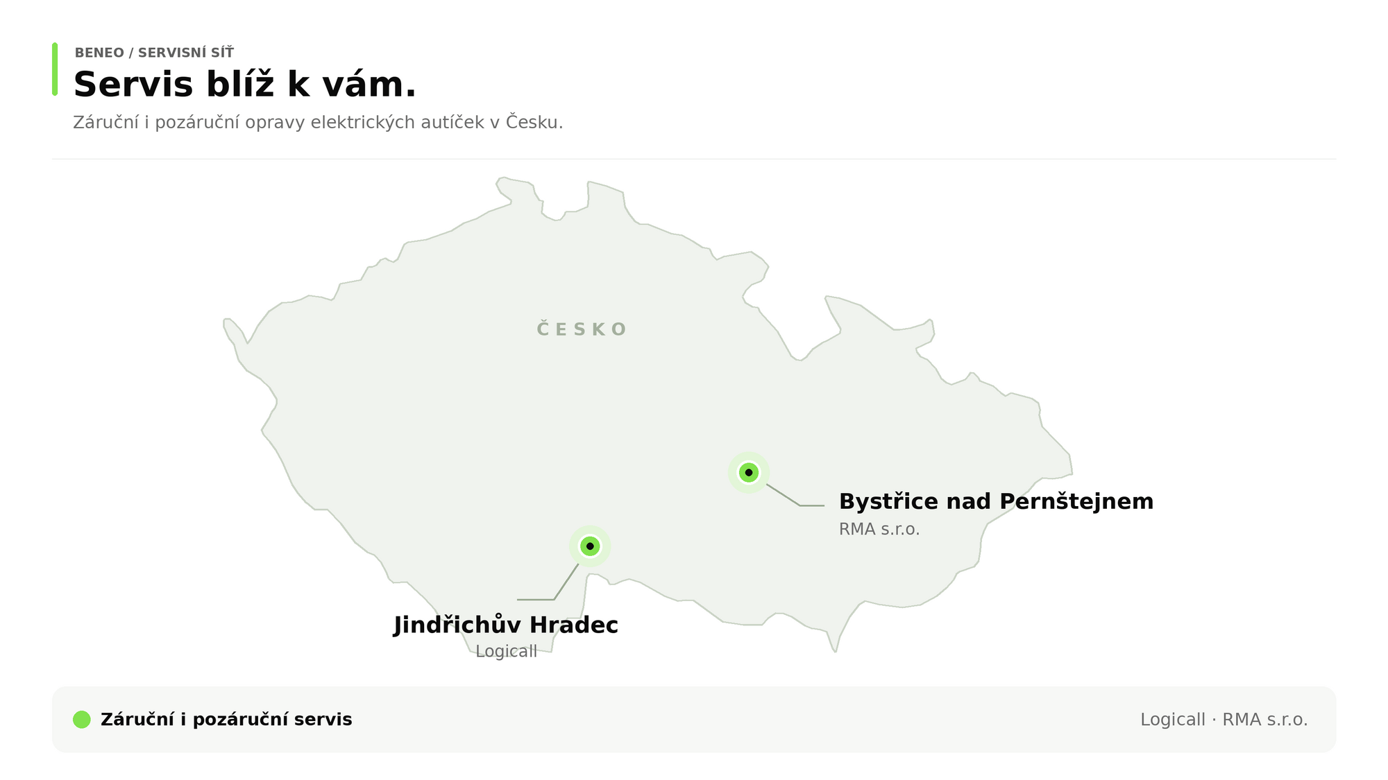 Mapa servisních středisek v Česku: Logicall – Jindřichův Hradec, RMA – Bystřice nad Pernštejnem. Obě střediska poskytují záruční i pozáruční servis.