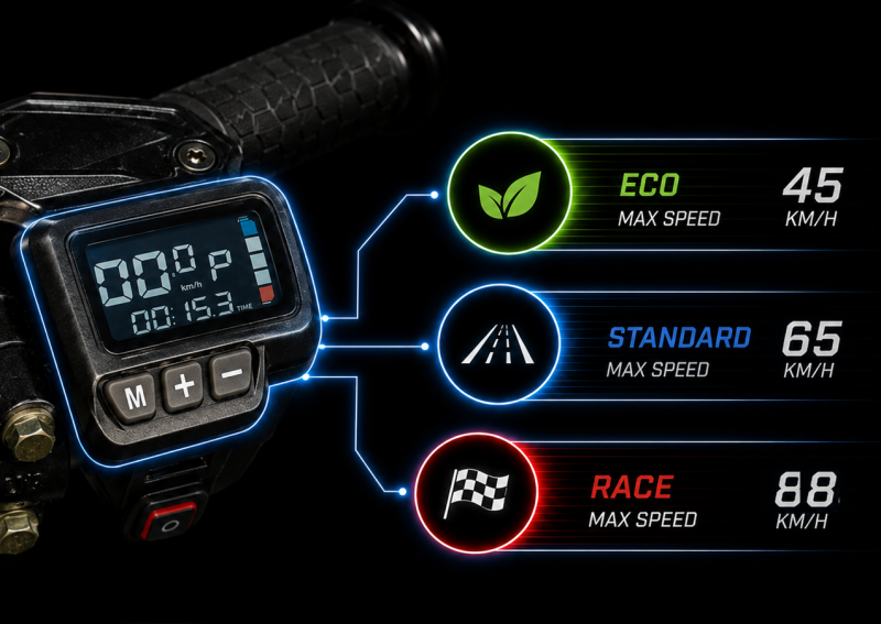 3 Riding Modes: ECO / Standard / Race with max speed 88 km/h