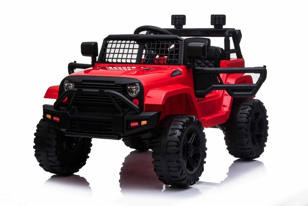 Auto elettrica fuoristrada con trazione posteriore, rossa, batteria 12V, chassis rialzato, sedile am