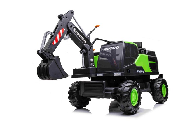 Electric ride-on car Volvo Excavator 12V with front digger ladle, Single seat, green, soft leatheret