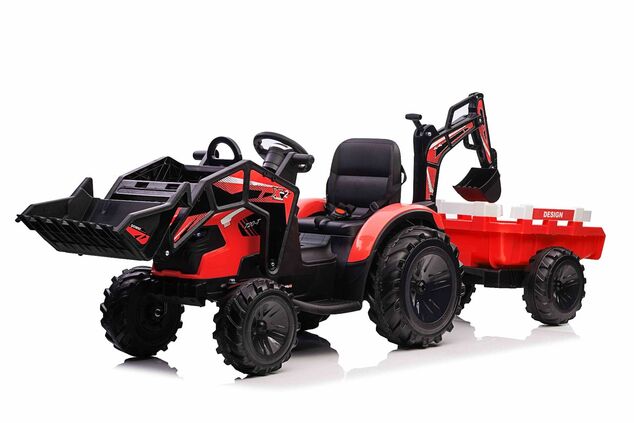 Electric tractor TOP-WORKER 12V with buckets and trailer, Single seat, red, soft PU seat, MP3 Player