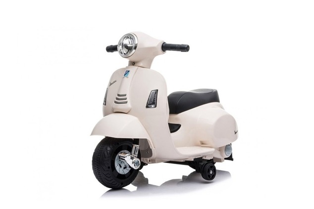 Electric Ride-on Scooter Vespa GTS, white, with auxiliary wheels, Licensed, Lithium battery, Leather