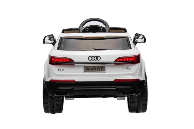 Auto elettrica per bambini Audi Q7 bianco, monoposto, sospensione indipendente, batteria 12V, teleco