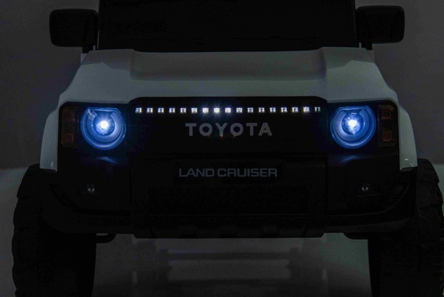 Electric ride-on car Toyota Landcruiser 12V, white, wide single seat, 2.4 GHz remote control, USB / 