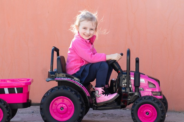 Electric Tractor POWER with trailer, red, Rear wheel drive, 12V battery, Plastic wheels, wide seat, 