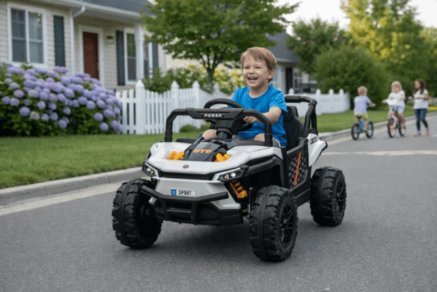 Electric ride-on car UTV Small 12V, white, Rear wheel drive, 12V battery, Plastic wheels, Wide doubl