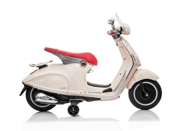 Electric ride-on Scooter Vespa 946 with reverse gear, white, Licensed, auxiliary wheels, Lithium ba