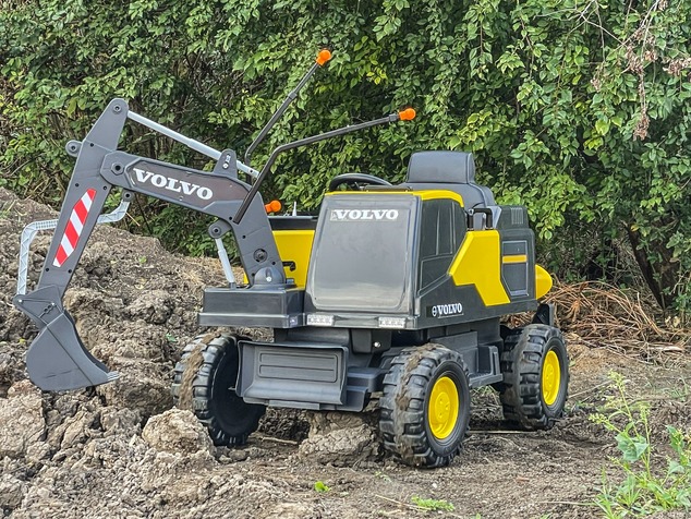 Electric ride-on car Volvo Excavator 12V with front digger ladle, Single seat, yellow, soft leathere