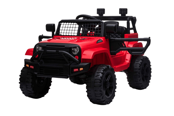 Auto elettrica fuoristrada con trazione posteriore, rossa, batteria 12V, chassis rialzato, sedile am