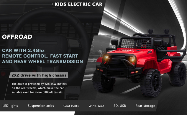 Auto elettrica fuoristrada con trazione posteriore, rossa, batteria 12V, chassis rialzato, sedile am