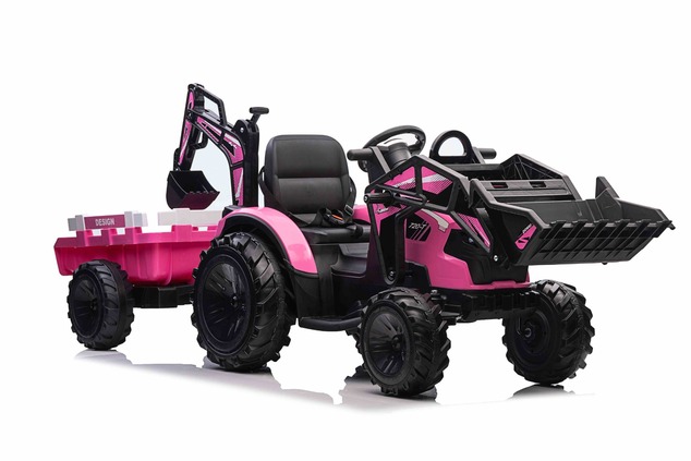 Electric tractor TOP-WORKER 12V with buckets and trailer, Single seat, pink, soft PU seat, MP3 Playe