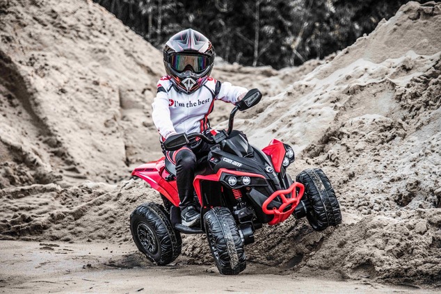 Can-am Renegade electric Ride-on quad, red, single seater, front and rear suspension, LED lights, Li