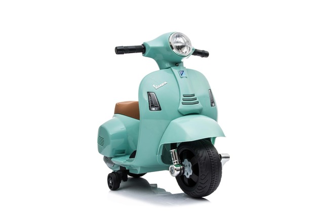 Electric Ride-on Scooter Vespa GTS, teal, with auxiliary wheels, Licensed, Lithium battery, Leather 