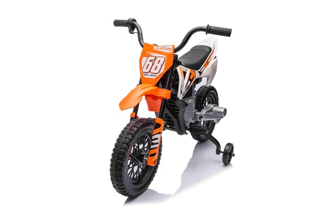 Electric Ride-on MOTOCROSS, Orange, 12V battery, EVA soft wheels, Leather seat, 2 x 25W Engine, Susp