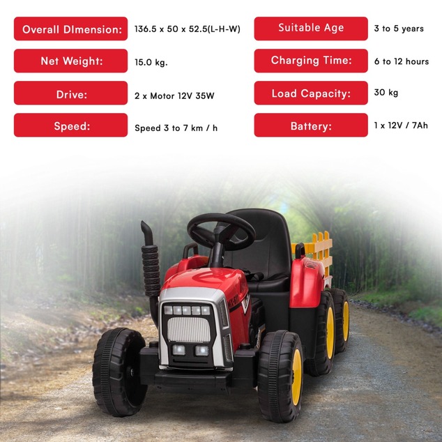 Electric Tractor WORKERS with trailer, red, Rear wheel drive, Lithium Battery, Plastic wheels, wide 