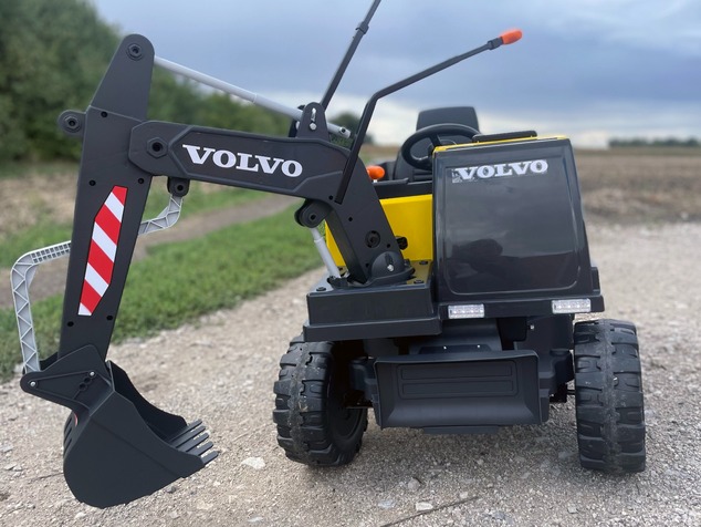Electric ride-on car Volvo Excavator 12V with front digger ladle, Single seat, yellow, soft leathere