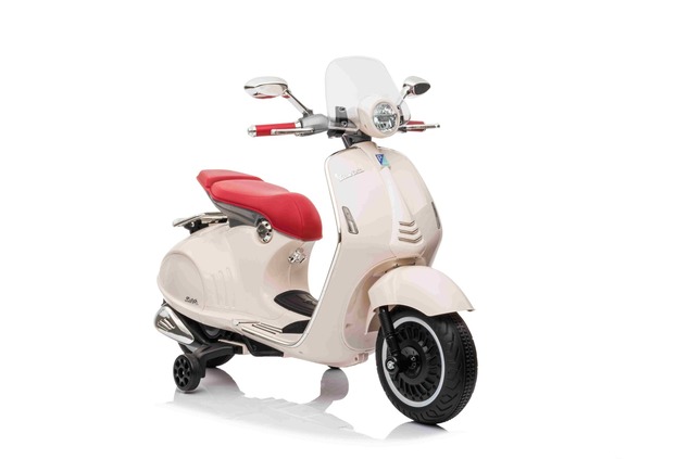 Electric ride-on Scooter Vespa 946 with reverse gear, white, Licensed, auxiliary wheels, Lithium ba