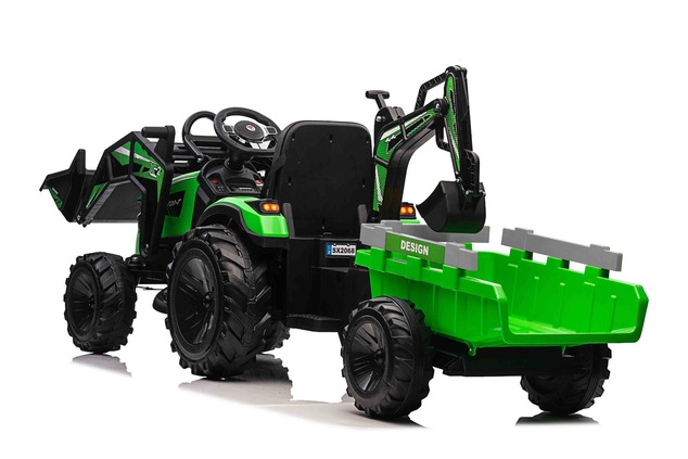 Electric tractor TOP-WORKER 12V with buckets and trailer, Single seat, green, soft PU seat, MP3 Play