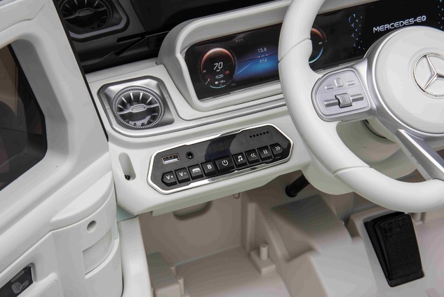 Electric Ride-on car Mercedes-Benz EQG 12V, white, LED underlighted body parts, Functional front and