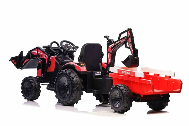 Electric tractor TOP-WORKER 12V with buckets and trailer, Single seat, red, soft PU seat, MP3 Player