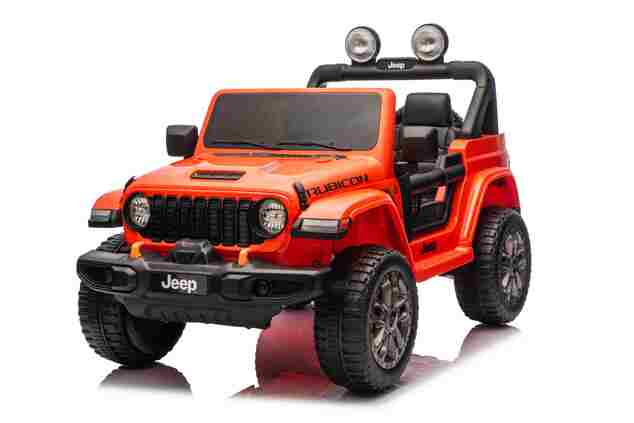 JEEP Wrangler elektrické autíčko pro děti, Oranžová, Dvoumístné kožené sedadlo, Rádio s Bluetooth a USB vstupem, 4x4