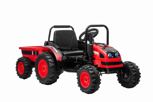 Electric Tractor POWER with trailer, red, Rear wheel drive, 12V battery, Plastic wheels, wide seat, 
