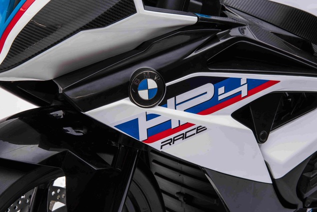 Electric Motorbike BMW HP4 RACE 12V, Licensed, white, 12V battery, EVA soft wheels, 2 x 35W Engines,
