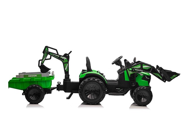 Electric tractor TOP-WORKER 12V with buckets and trailer, Single seat, green, soft PU seat, MP3 Play