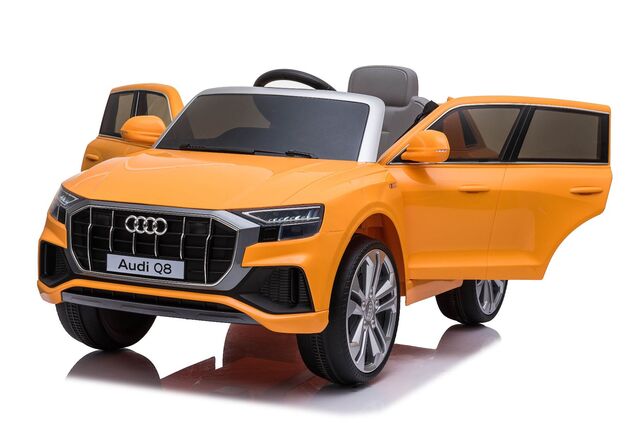 Audi Q8 elektromos kisautó gyerekeknek 12V | Eredeti licenc | Narancssárga | Bőr ülés | Nyitható ajtók | 2 × 25 W motor