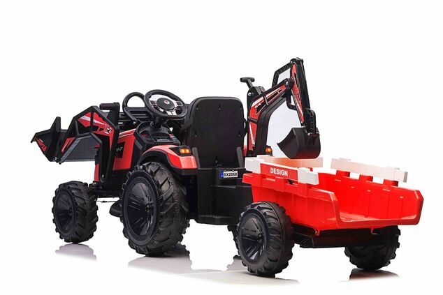 Electric tractor TOP-WORKER 12V with buckets and trailer, Single seat, red, soft PU seat, MP3 Player