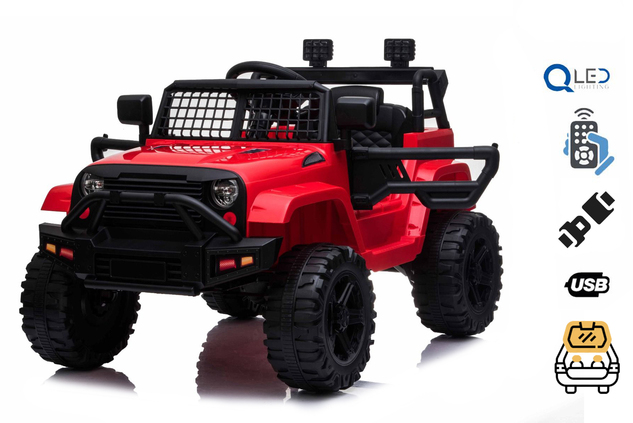 Auto elettrica fuoristrada con trazione posteriore, rossa, batteria 12V, chassis rialzato, sedile am