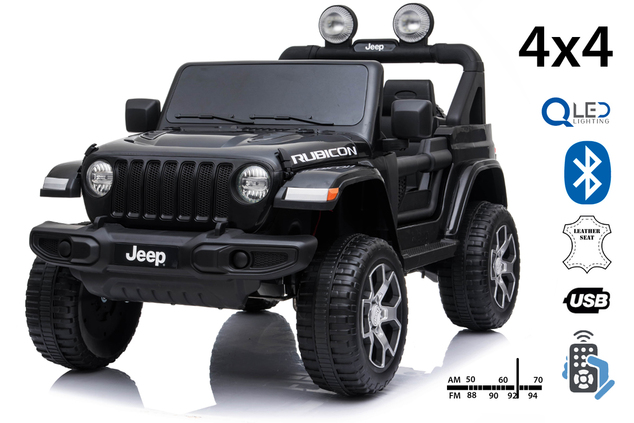 Electric Ride-On JEEP Wrangler, Black, Double Leather Seat, Radio with Bluetooth and USB Input, 4x4 