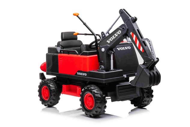 Electric ride-on car Volvo Excavator 12V with front digger ladle, Single seat, red, soft leatherette