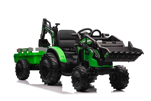 Electric tractor TOP-WORKER 12V with buckets and trailer, Single seat, green, soft PU seat, MP3 Play
