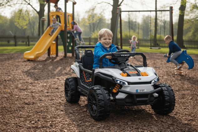 Electric ride-on car UTV Small 12V, white, Rear wheel drive, 12V battery, Plastic wheels, Wide doubl