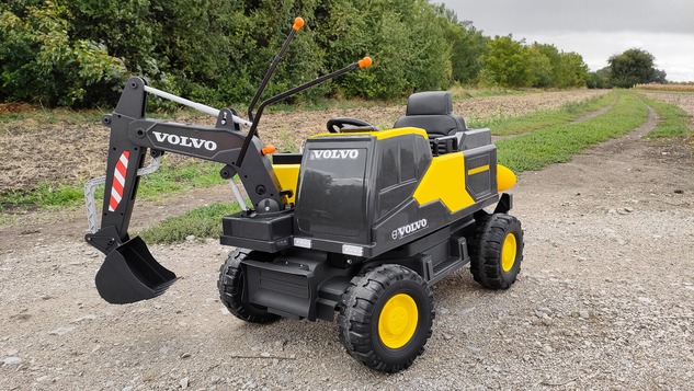 Electric ride-on car Volvo Excavator 12V with front digger ladle, Single seat, red, soft leatherette