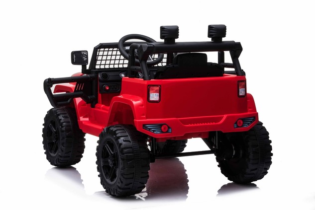Auto elettrica fuoristrada con trazione posteriore, rossa, batteria 12V, chassis rialzato, sedile am