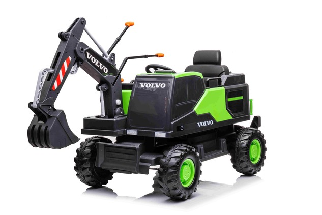 Electric ride-on car Volvo Excavator 12V with front digger ladle, Single seat, green, soft leatheret