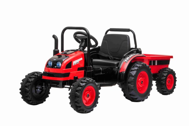 Electric Tractor POWER with trailer, red, Rear wheel drive, 12V battery, Plastic wheels, wide seat, 
