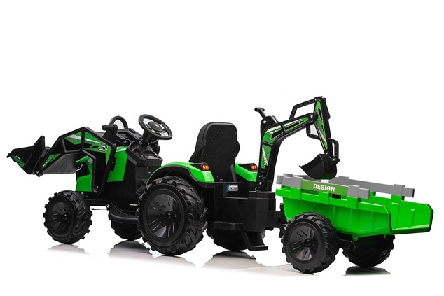 Electric tractor TOP-WORKER 12V with buckets and trailer, Single seat, green, soft PU seat, MP3 Play
