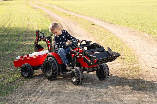 Electric tractor TOP-WORKER 12V with buckets and trailer, Single seat, red, soft PU seat, MP3 Player