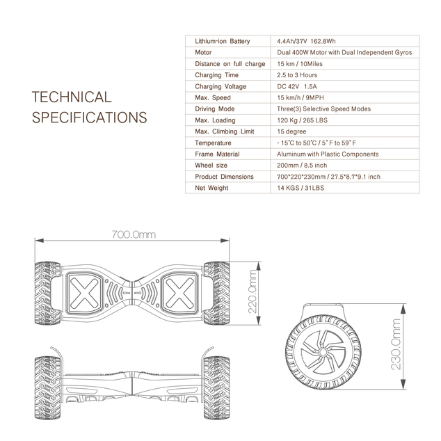 Hooboard - Premier hoverboard tout-terrain intelligent, gyropode, certifié UL, batterie LG