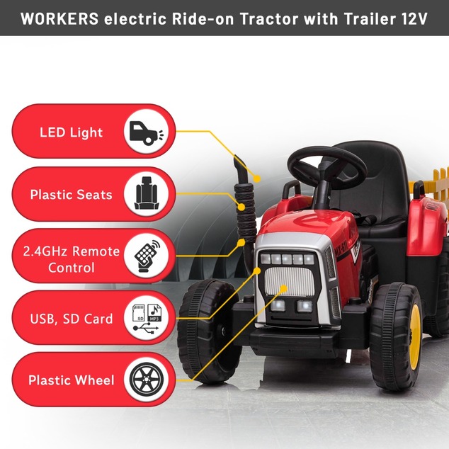 Electric Tractor WORKERS with trailer, red, Rear wheel drive, Lithium Battery, Plastic wheels, wide 