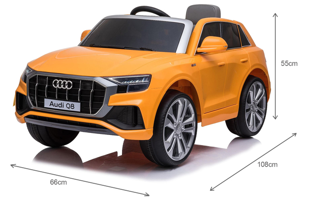 Audi Q8 elektromos kisautó gyerekeknek 12V | Eredeti licenc | Narancssárga | Bőr ülés | Nyitható ajtók | 2 × 25 W motor