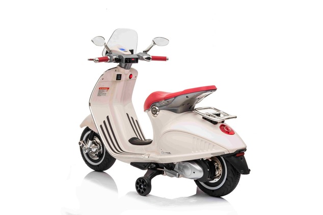 Electric ride-on Scooter Vespa 946 with reverse gear, white, Licensed, auxiliary wheels, Lithium ba
