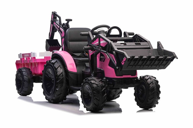 Electric tractor TOP-WORKER 12V with buckets and trailer, Single seat, pink, soft PU seat, MP3 Playe