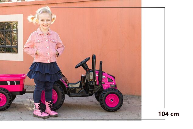 Electric Tractor POWER with trailer, pink, Rear wheel drive, 12V battery, Plastic wheels, wide seat,