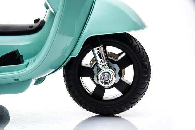 Electric Ride-on Scooter Vespa GTS, teal, with auxiliary wheels, Licensed, Lithium battery, Leather 