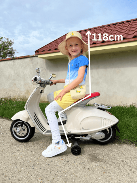 Electric ride-on Scooter Vespa 946 with reverse gear, white, Licensed, auxiliary wheels, Lithium ba