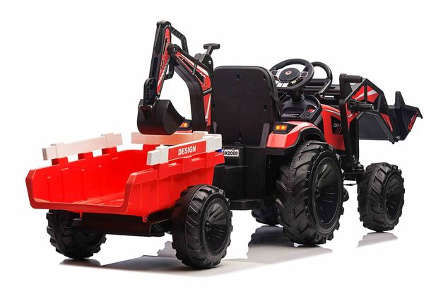 Electric tractor TOP-WORKER 12V with buckets and trailer, Single seat, red, soft PU seat, MP3 Player